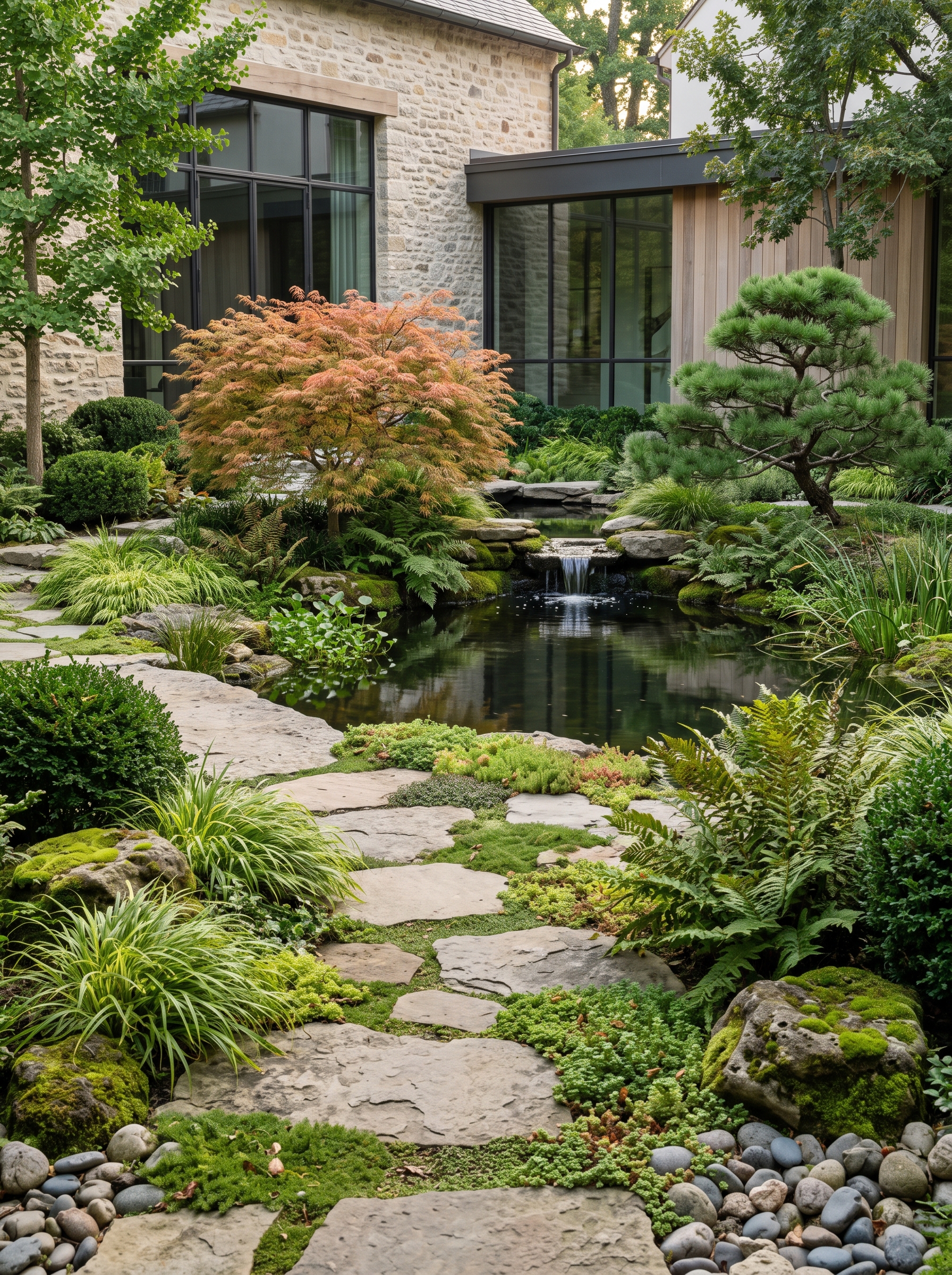 Jardin contemporain avec bassin, cascade, rochers et cheminement en pierre