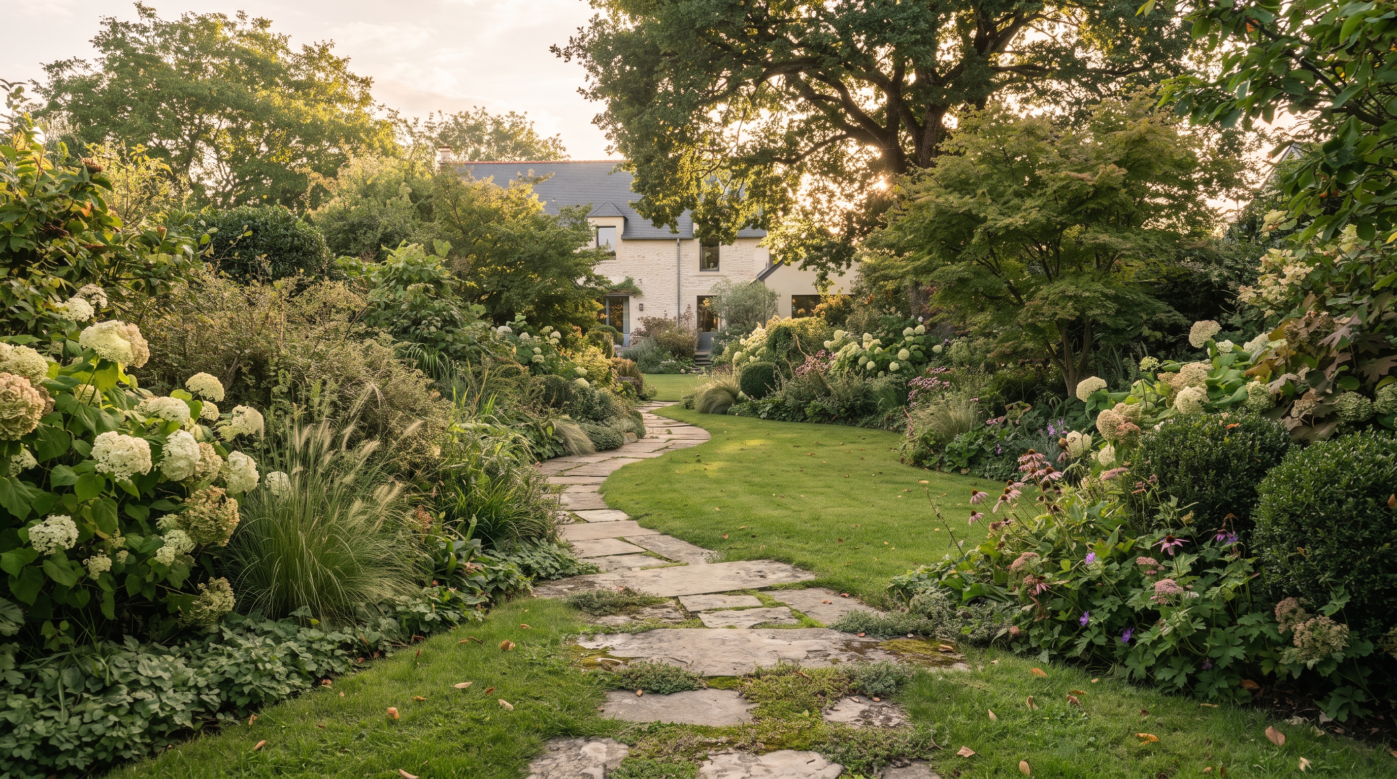 Jardin paysager mature et entretenu