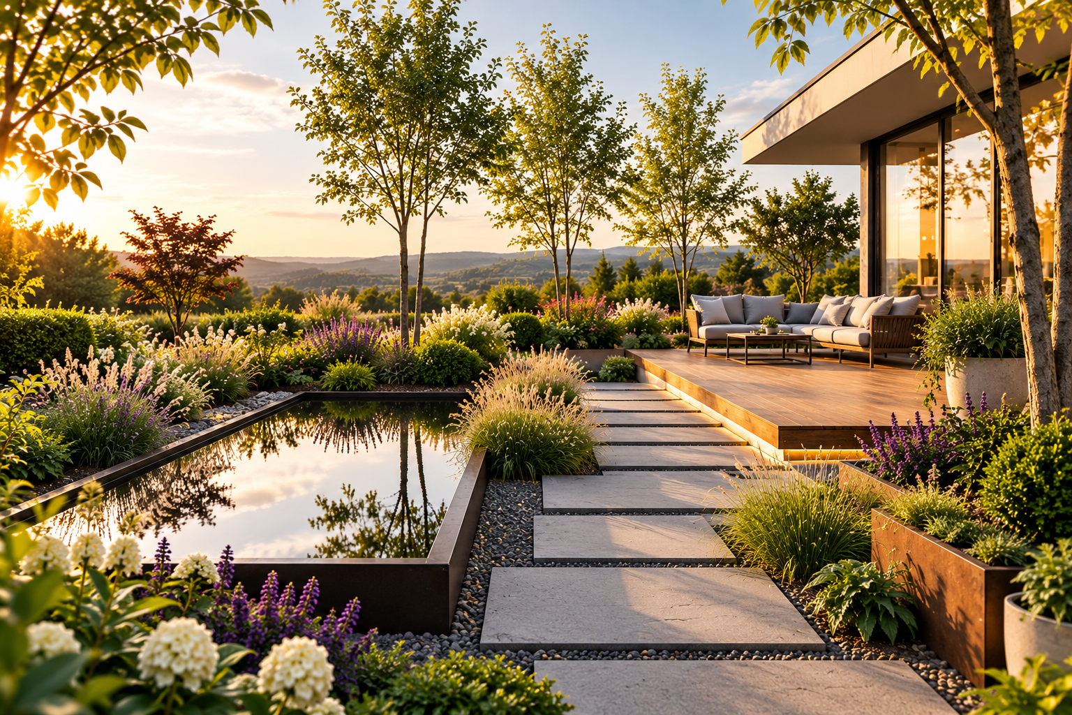 Illustration d’ambiance : jardin paysager avec bassin, cheminement et terrasse