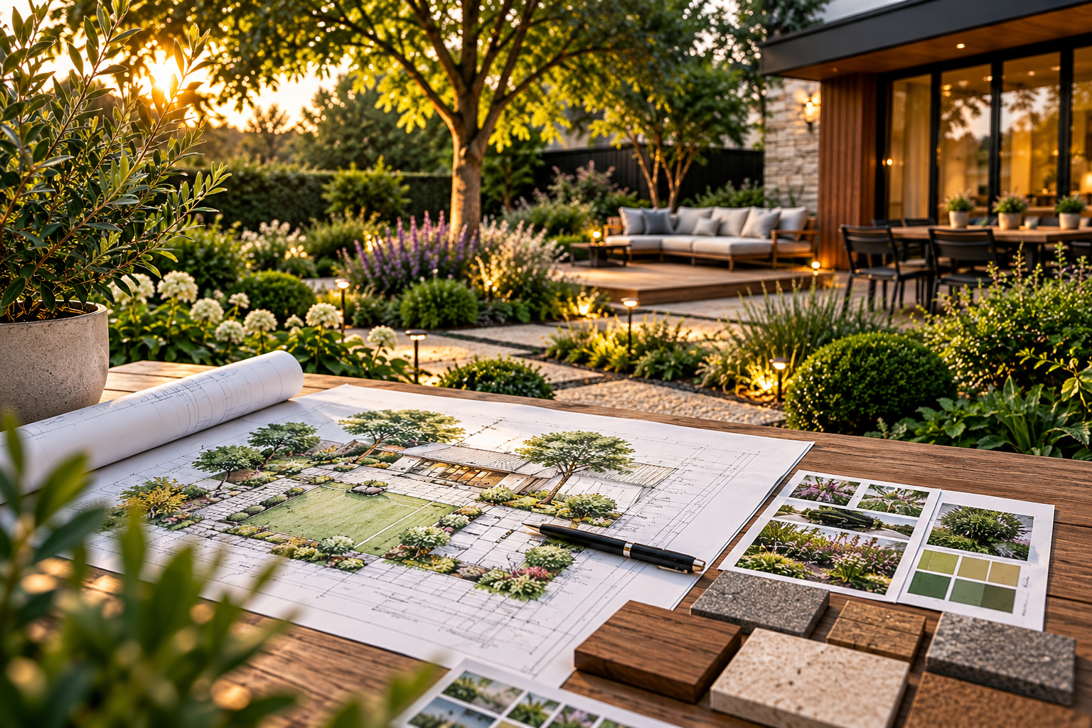Illustration d’ambiance : plan de jardin et sélection de matériaux devant un jardin paysager