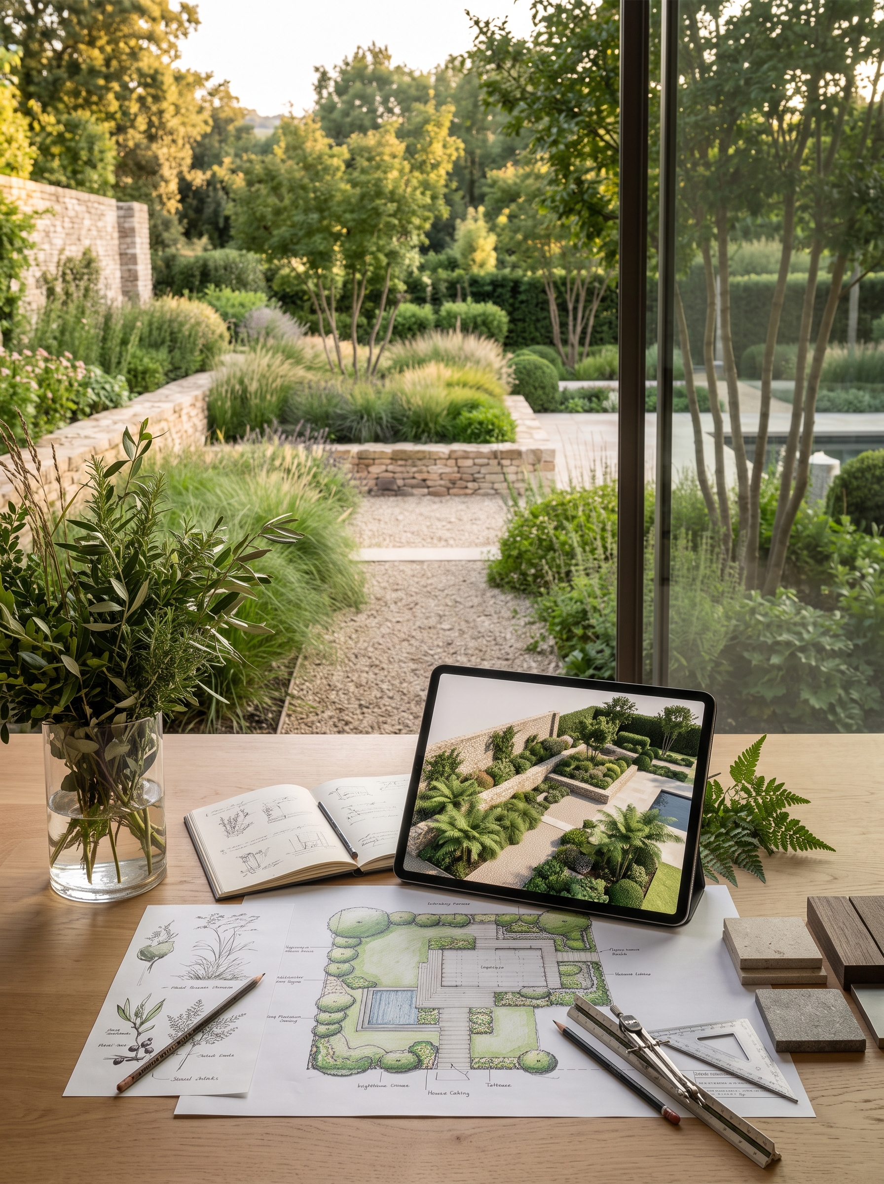 Plan de jardin, tablette de visualisation et jardin observé depuis un atelier de conception