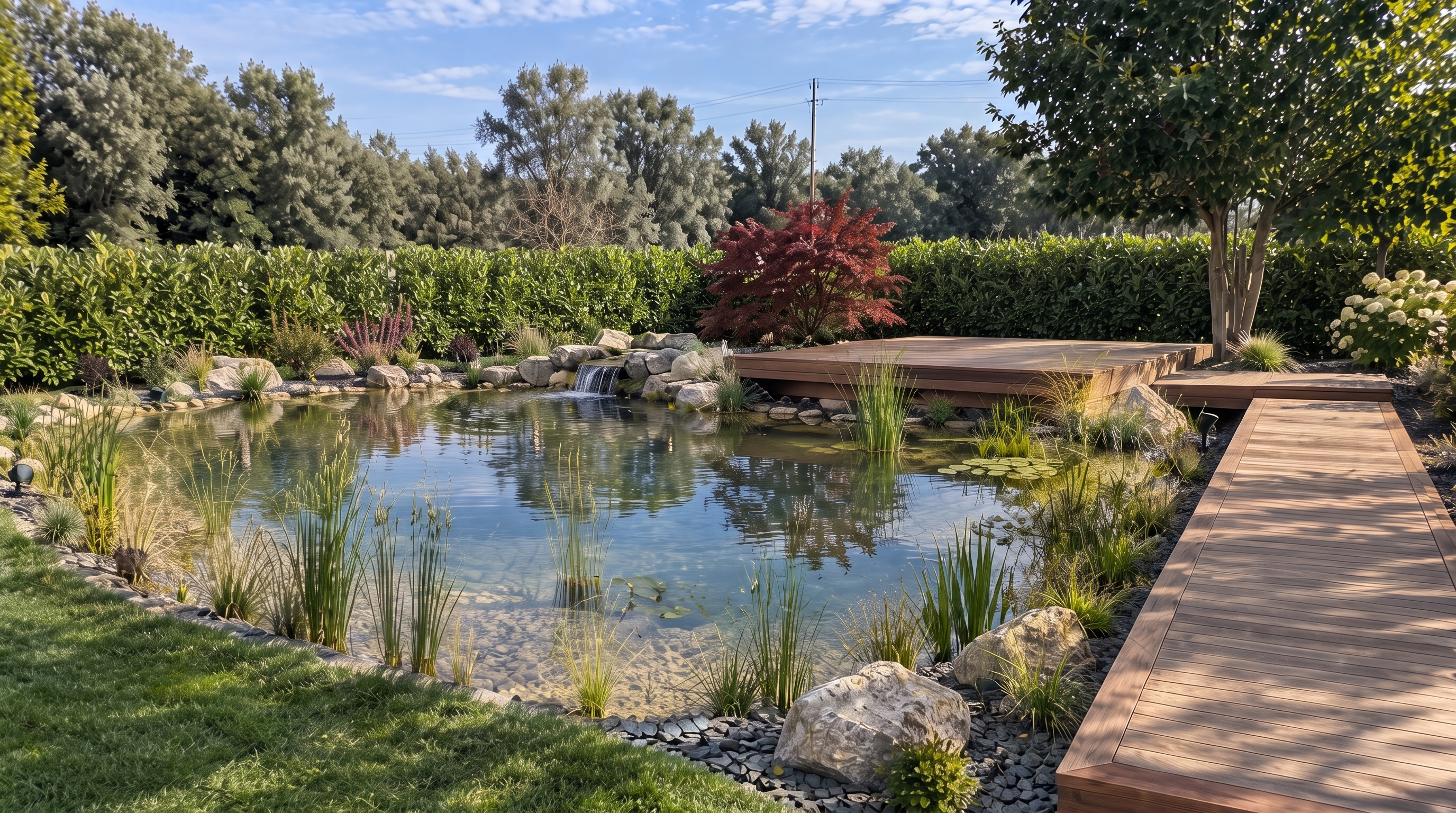 Bassin paysager bordé de plantations et d’une terrasse en bois