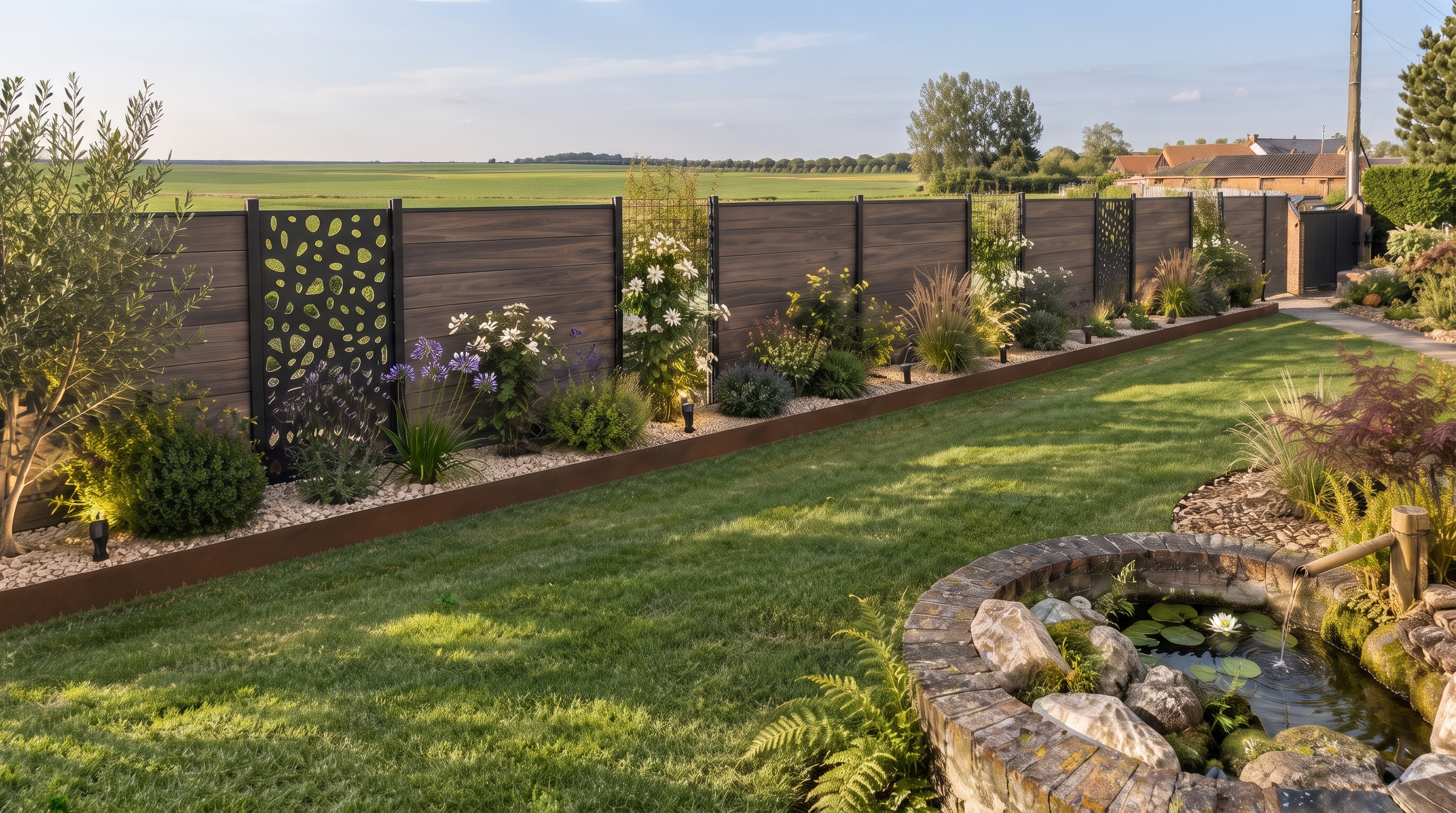 Jardin paysager avec clôture décorative, massifs et pelouse