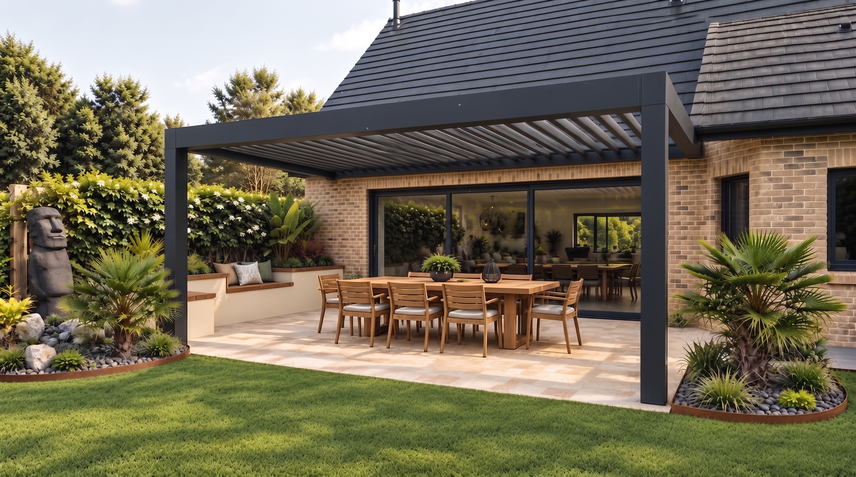 Terrasse de jardin avec pergola et plantations